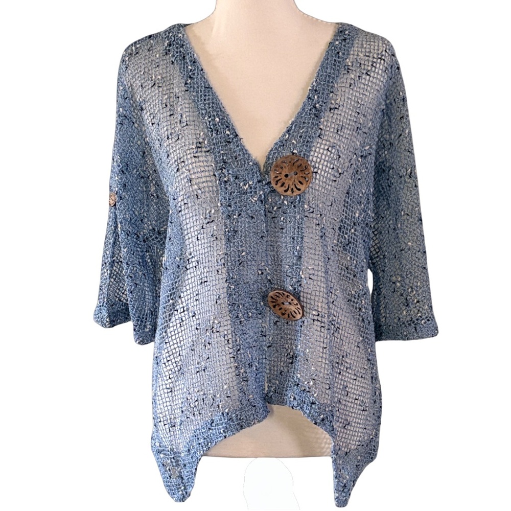 Lulu-B Open Knit 3/4 Sleeve Cardigan with Coconut Shell Style Buttons Size M